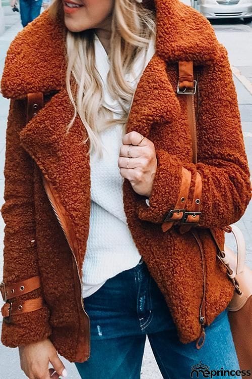 Buckle Fuzzy Zipper Coat