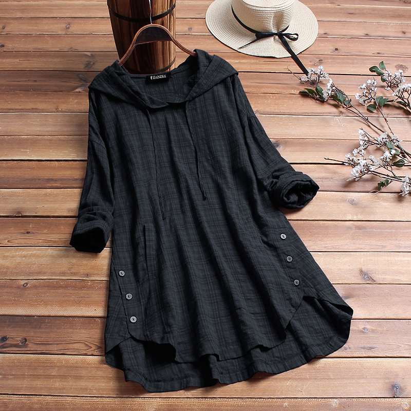 Women Blouse Autumn Plaid Hoodies Long Sleeve Shirt Casual Linen Tunic Tops