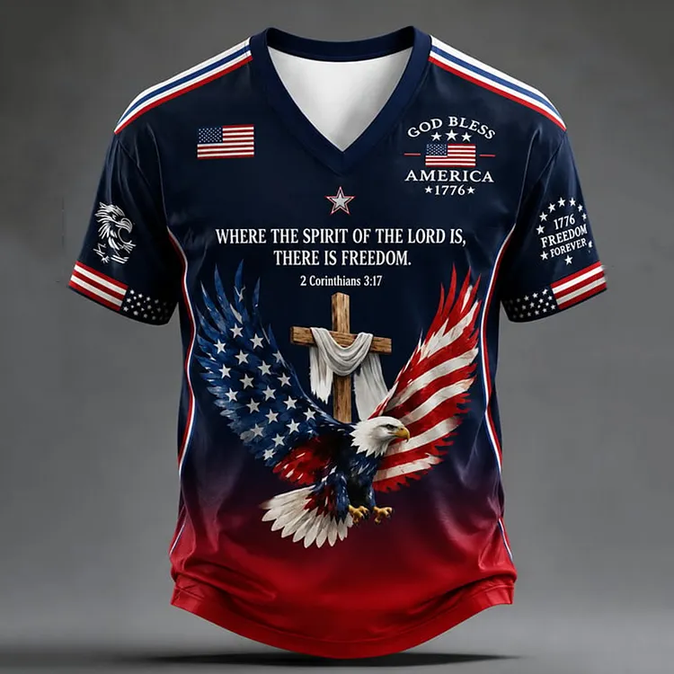 Men's Retro American Flag Eagle Pattern Casual T-shirt
