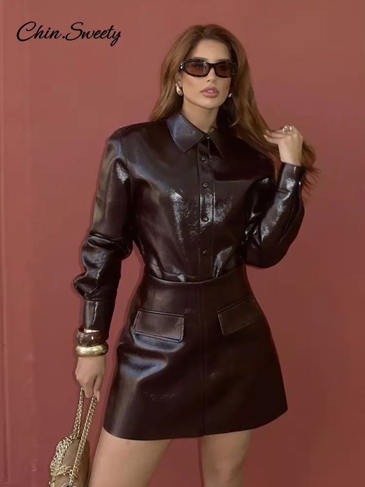 Casual Leather Jacket Skirt Set for Women 2 Pieces Lapel Single Breasted Top Mini Skirts Autumn Lady Y2k All-matching Outfits 