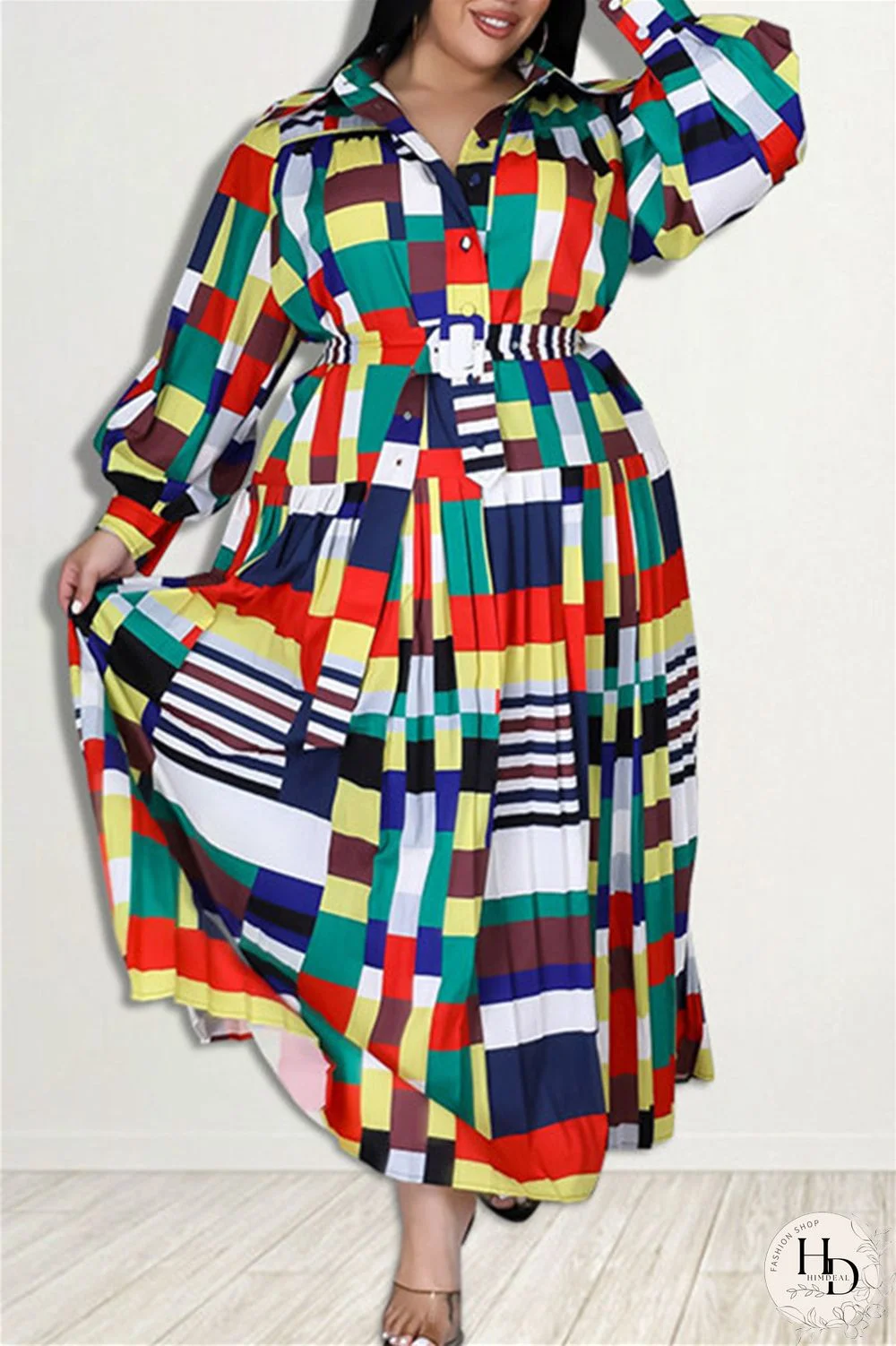 Red Fashion Casual Basic Turndown Collar Long Sleeve Plus Size Dresses