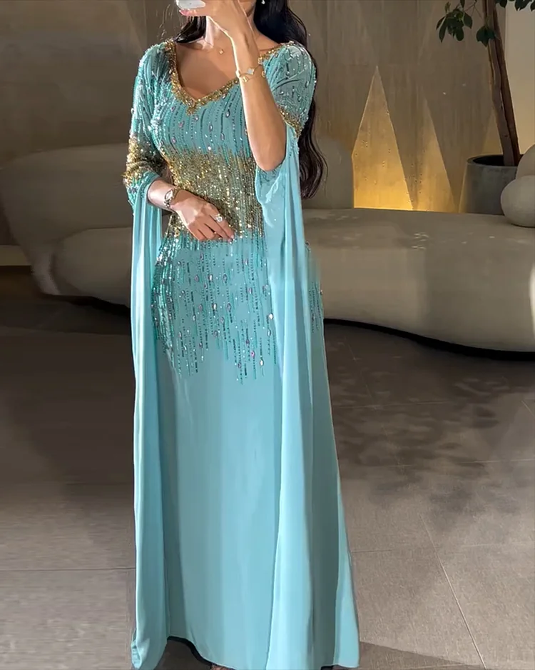 Women's V-Neck Long Sleeve Sequined Kaftan Dress