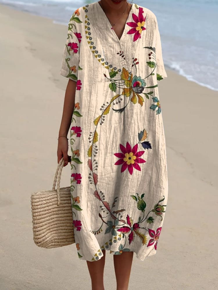 Womens Simple Floral  Pattern Casual Cotton And Linen Dress