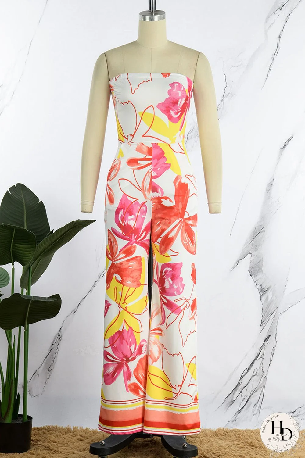 Yellow Sexy Print Patchwork Strapless Straight Jumpsuits