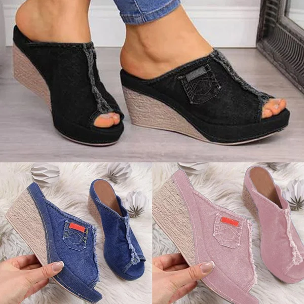 Women's Denim Sandals Wedge Slippers Casual Shoes