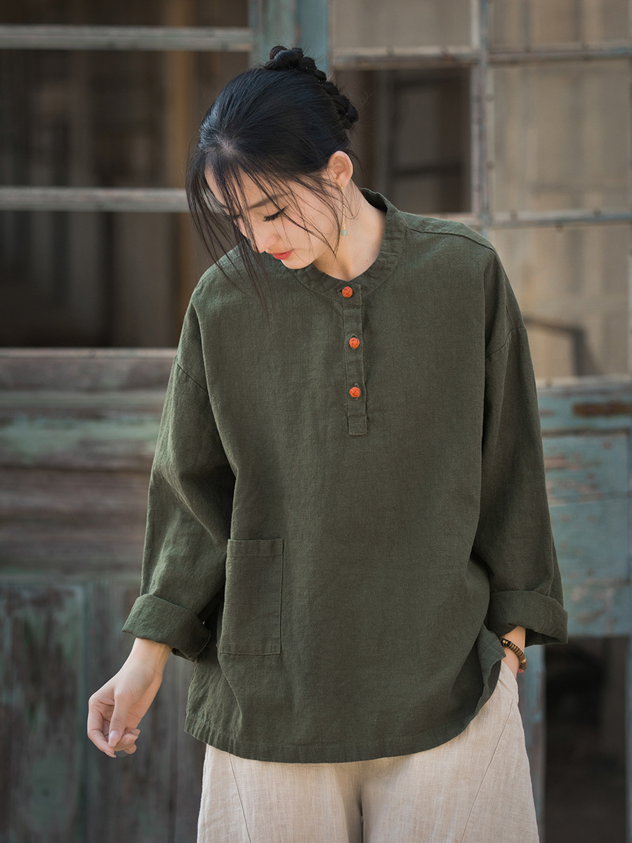 Original Ramie Contrast Color Button Mandarin Top