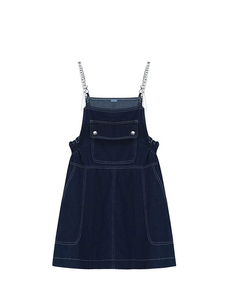 Women Vintage Denim Spaghetti Strap Mini Dress Streetwear Harajuku Sleeveless High Waist Female Party Club Kawaii A-line Dress