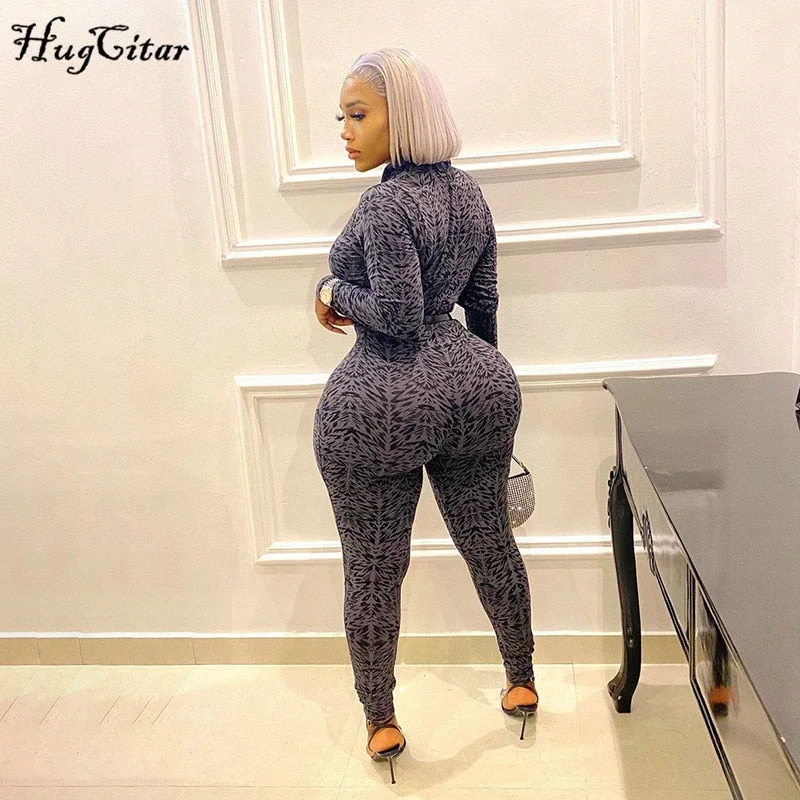 Hugcitar 2020 Long Sleeve Zip Up Vintage Print Bodycon Jumpsuit Autumn Winter Women Fashion Sexy Streetwear Romper