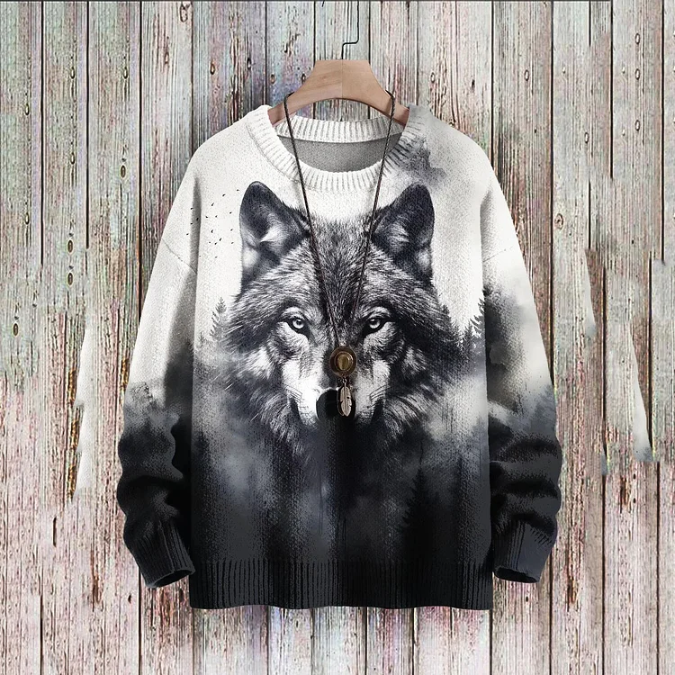 Western Wolf Print Crew Neck Long Sleeve Sweater