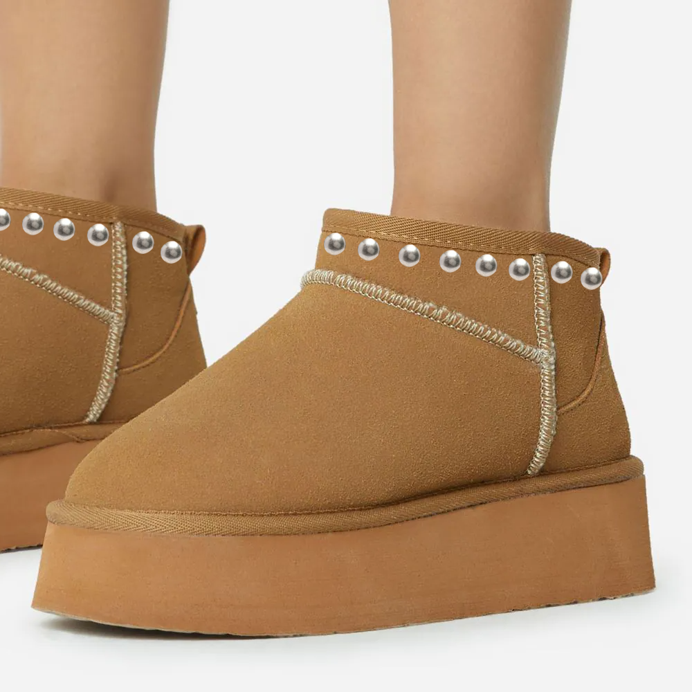 Women's Comfy Round Toe Platform Studded Winter Boots in Brown Nicepairs