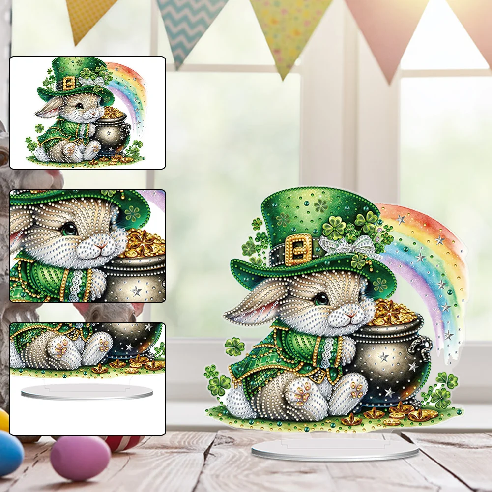 DIY Acrylic St. Patricks Day Rabbit Special Shape Diamond Painting Tabletop Ornament Creative Home Decor & Gift Idea for Adults - Relaxing Craft Activity