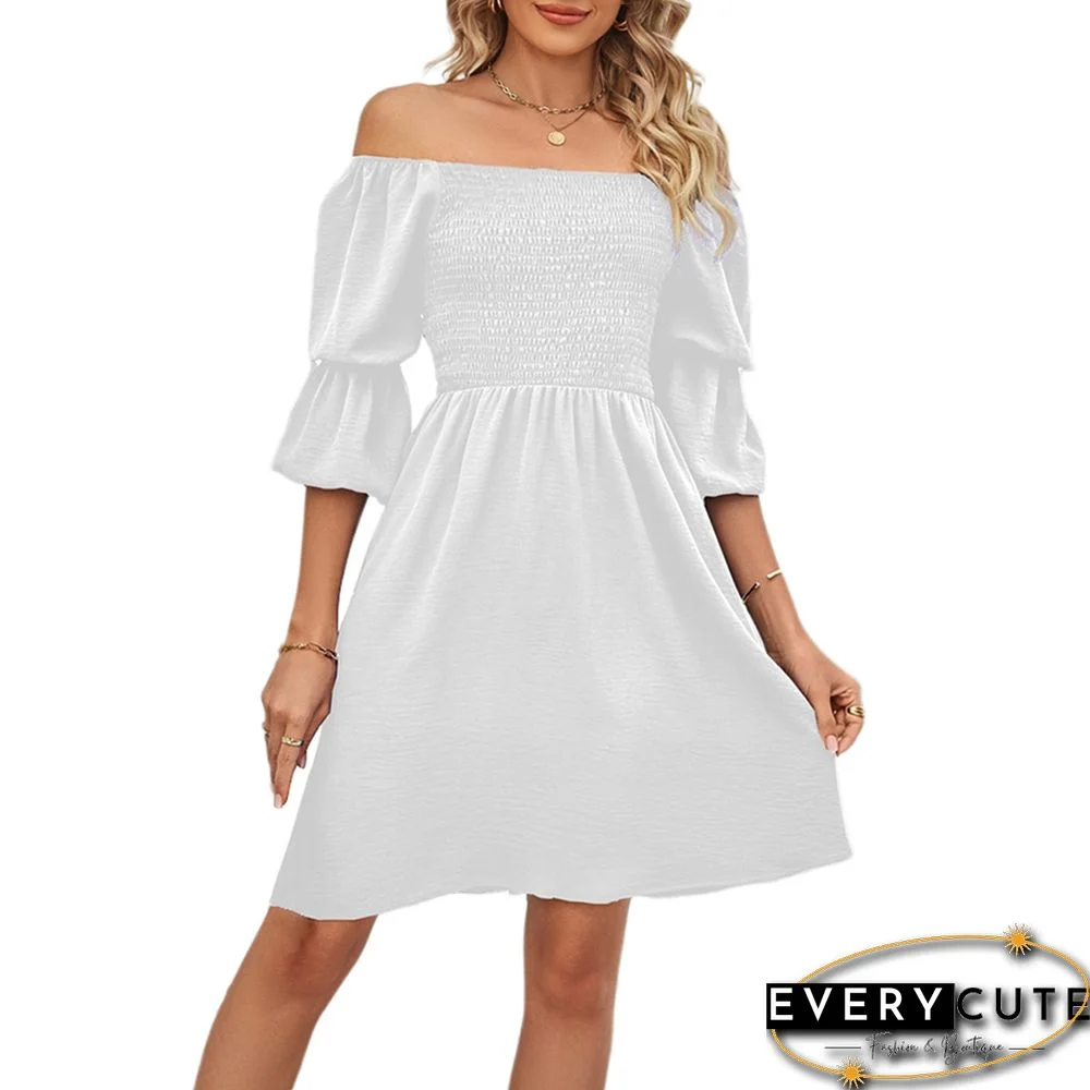 White Pleated Square Neck Puff Sleeve Dress