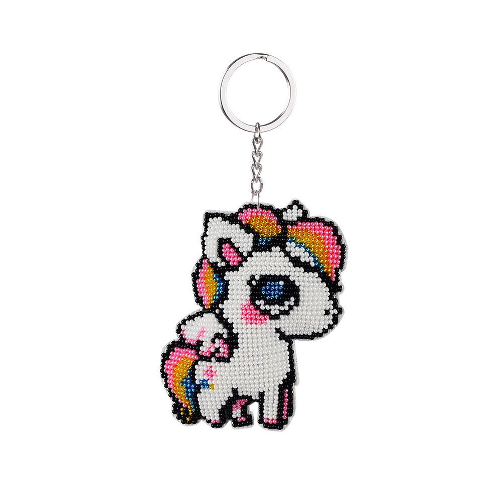 Full Bead Embroidery Keychain White Horse Printed Craft Gifts (Y067) (7.5x9cm)