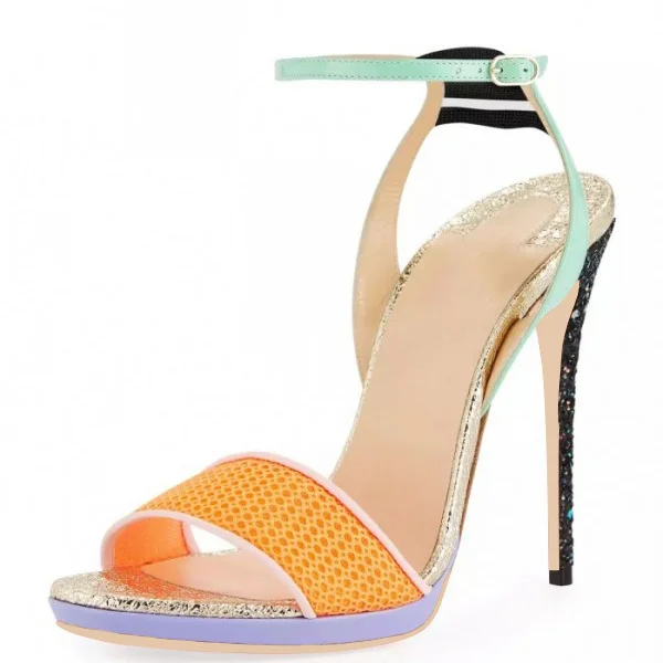 Multicolor Glitter Stiletto Heel Net Ankle Strap Sandals |FSJ Shoes