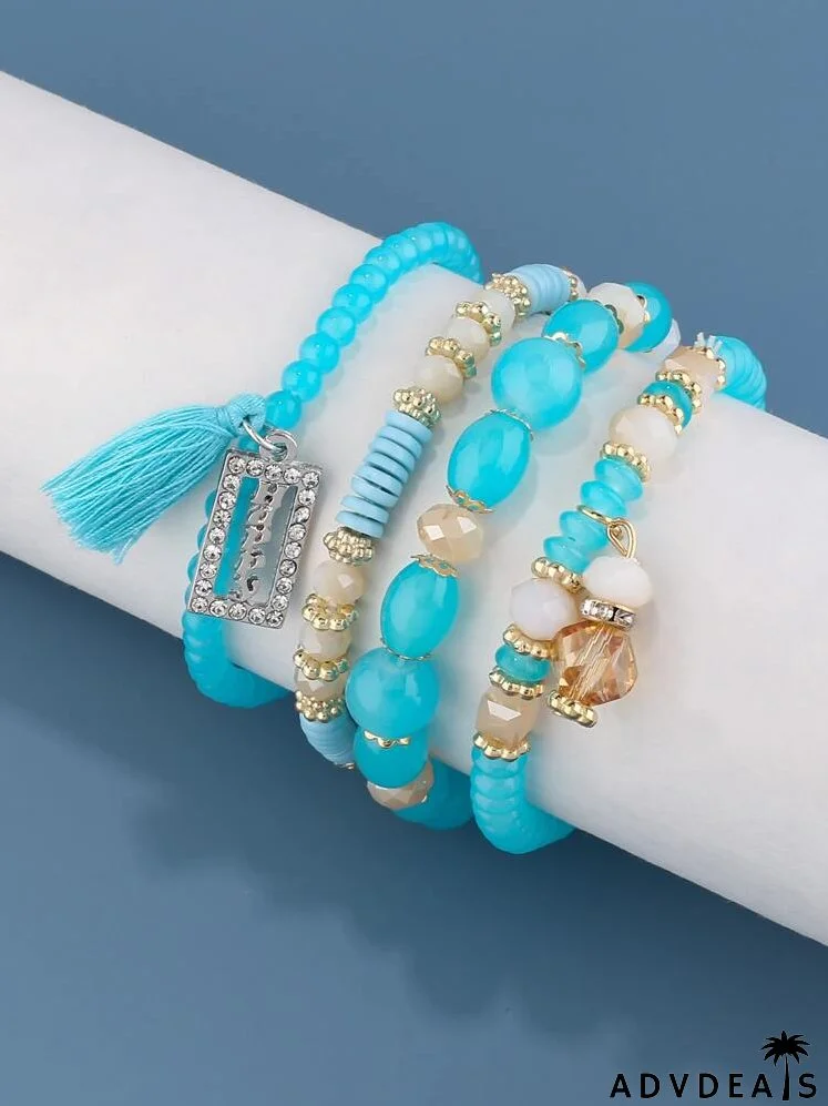 4pcs Tassel & Rectangle Charm Beaded Bracelet