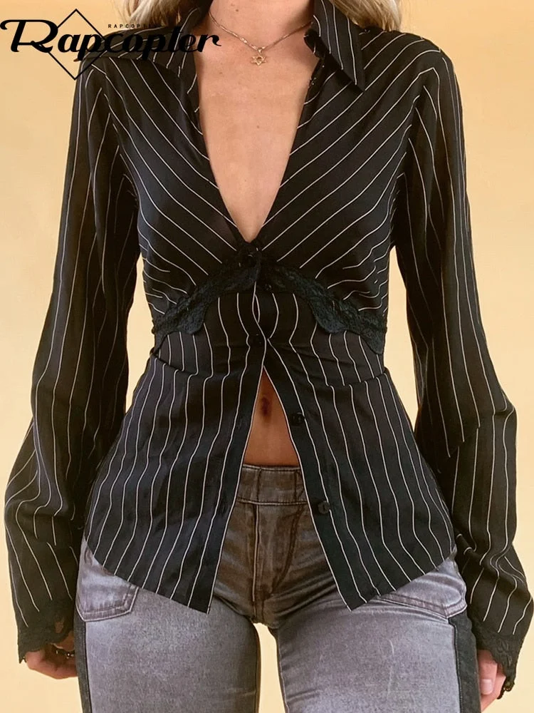 Rapcopter Lace Striped T Shirt V Neck Button Elegant Crop Top Vintage Skinny Flare Sleeve Cardigans Women Grunge Korean Tee Fall