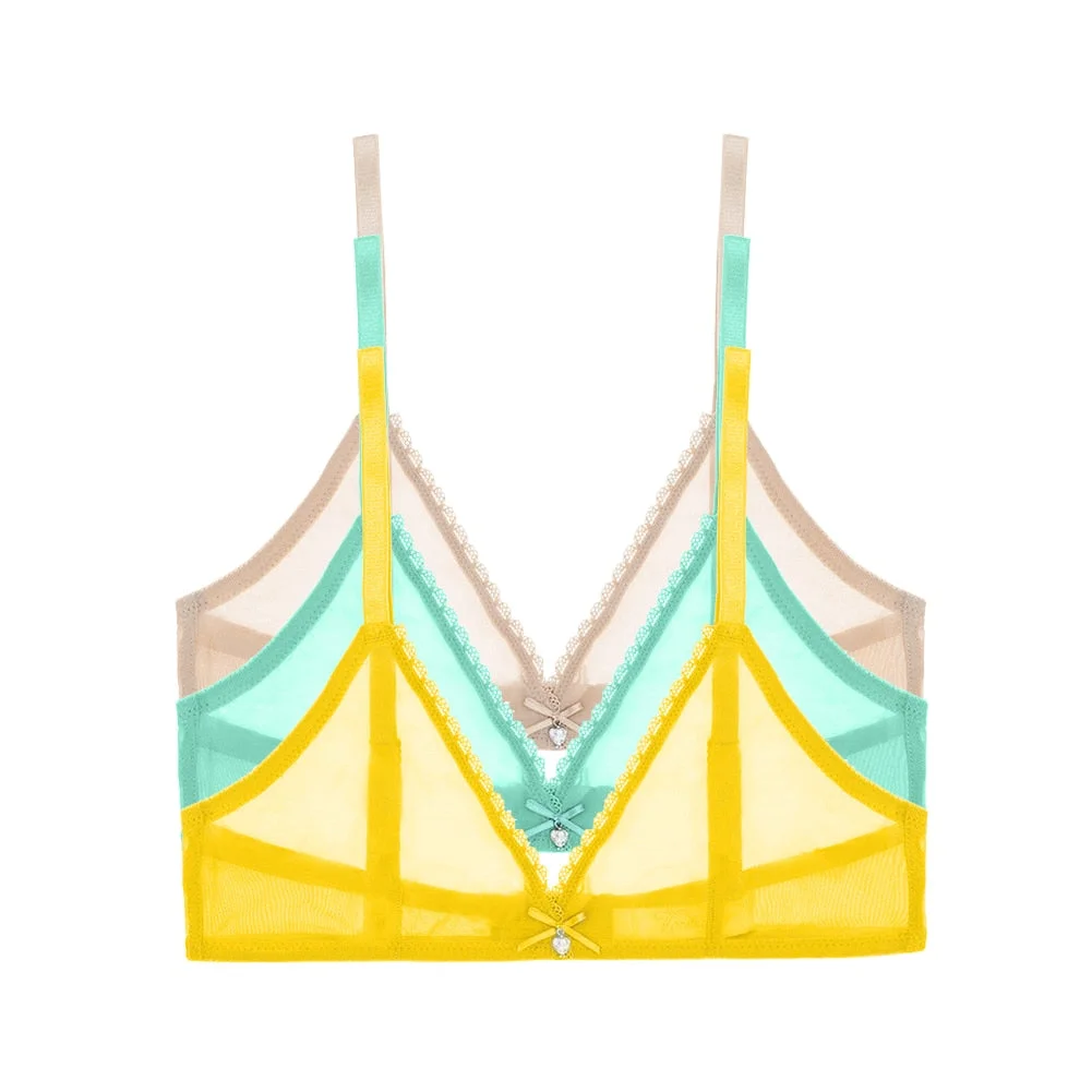 Varsbaby Sexy French Ultra-Thin Mesh Lingerie Lemon Yellow Mint Green Underwear Summer Breathable Bra Combination 3 PCS /Lot
