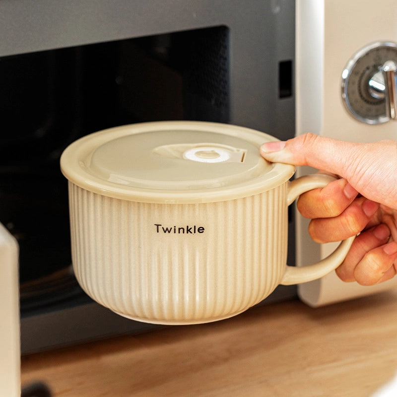 Sean Ceramic Instant Noodle Bowl With Lid Japanese Instant Noodle Cup For Student Dormitory