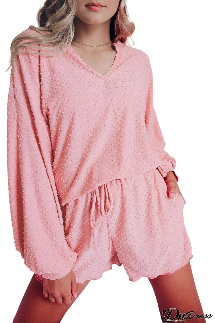 Swiss Dot Split Neck Long Sleeve Top and Shorts Lounge Set