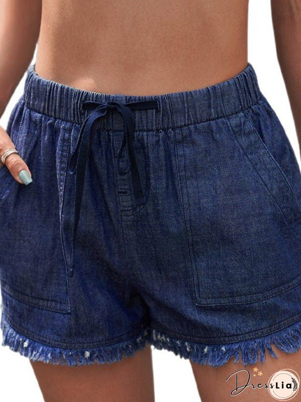 Women'S High Waist Denim Shorts With Elastic Waistband And Fringed Details