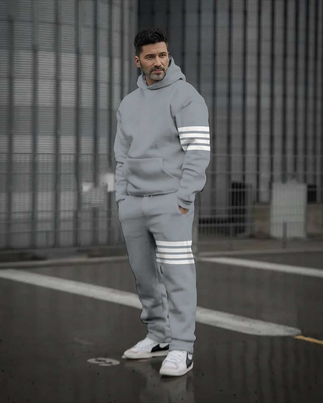 Men's color block striped print hoodie set 123