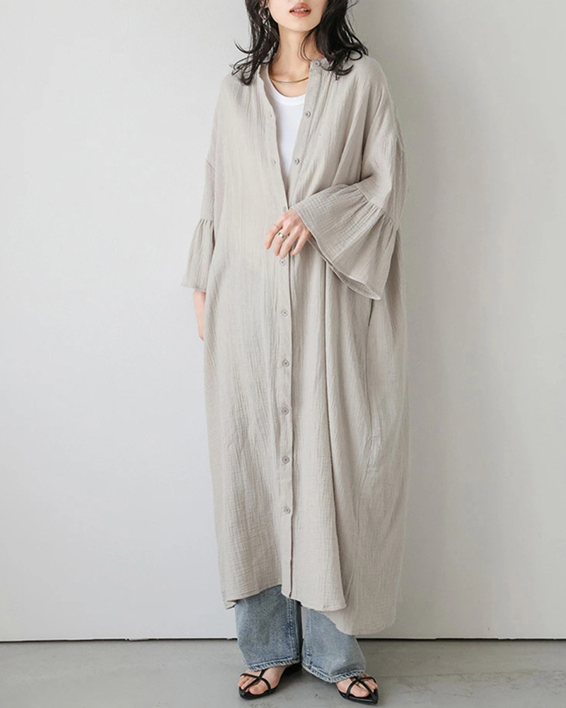 Three Quarter Sleeve Single Breasted Solid Color Loose Shirt Dress