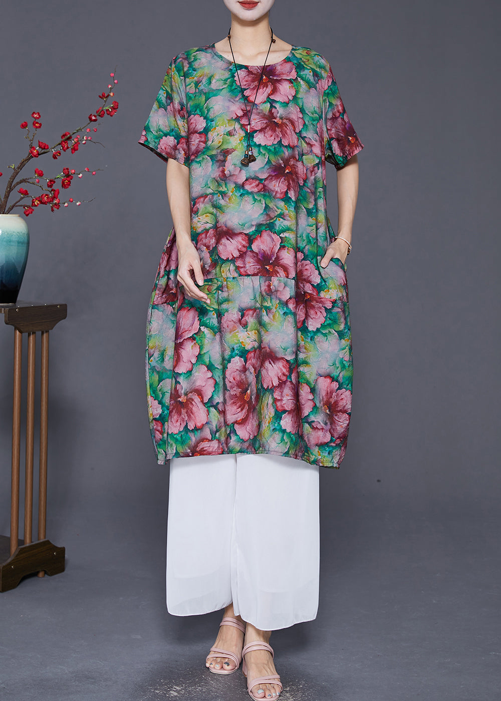 VCSHOES Slim Fit Floral Print Linen Holiday Dress Summer