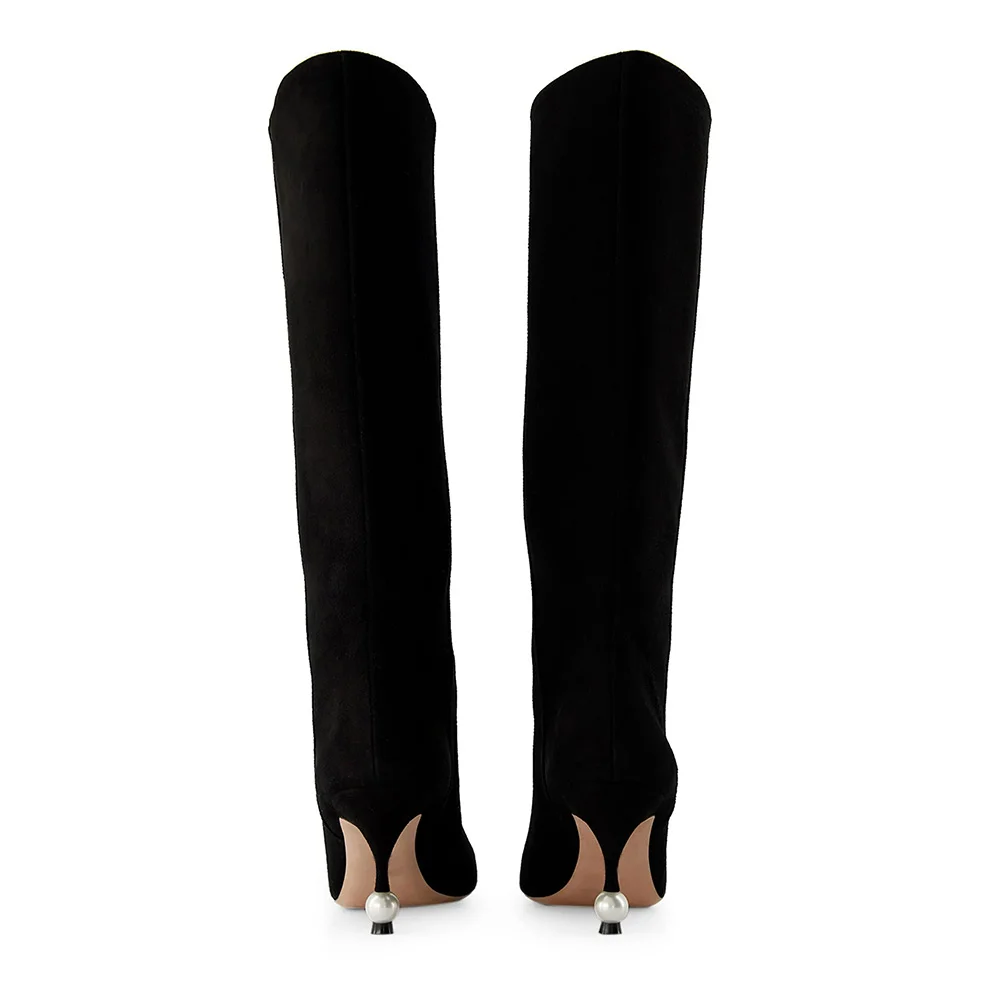 Black Vegan Suede Pointed Toe Sculptural Heel Knee High Boots with Pearl