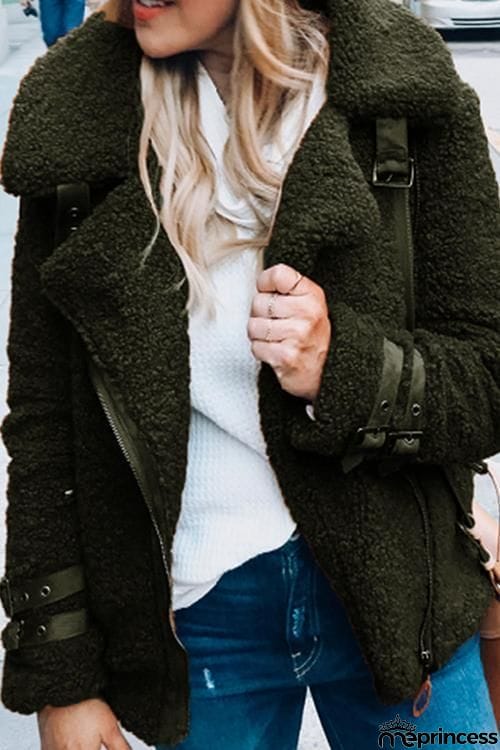 Buckle Fuzzy Zipper Coat