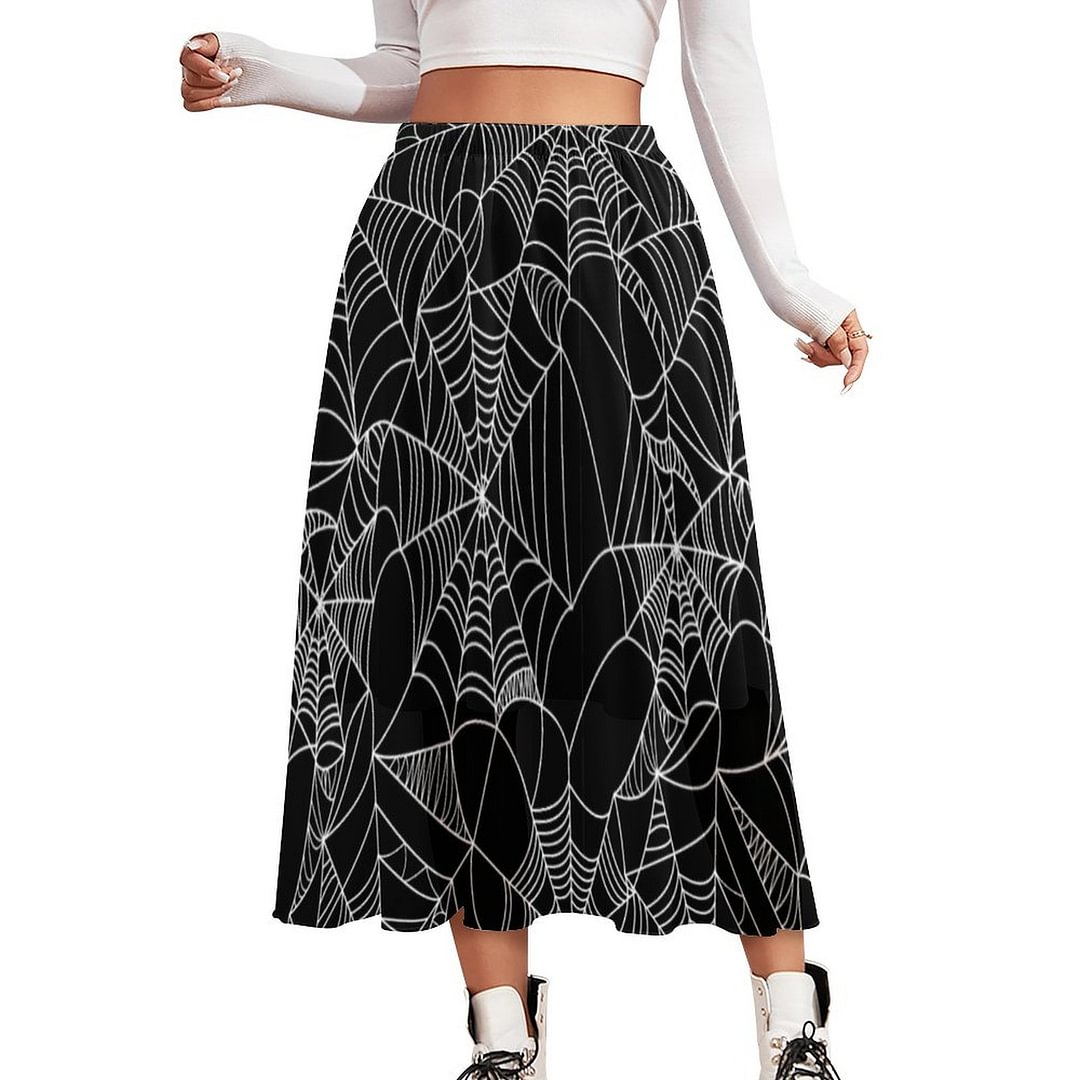 Fun Halloween Spider Web Women Double-Layered Long Beach Skirt Loose Elastic Waistband Chiffon Maxi Skirts