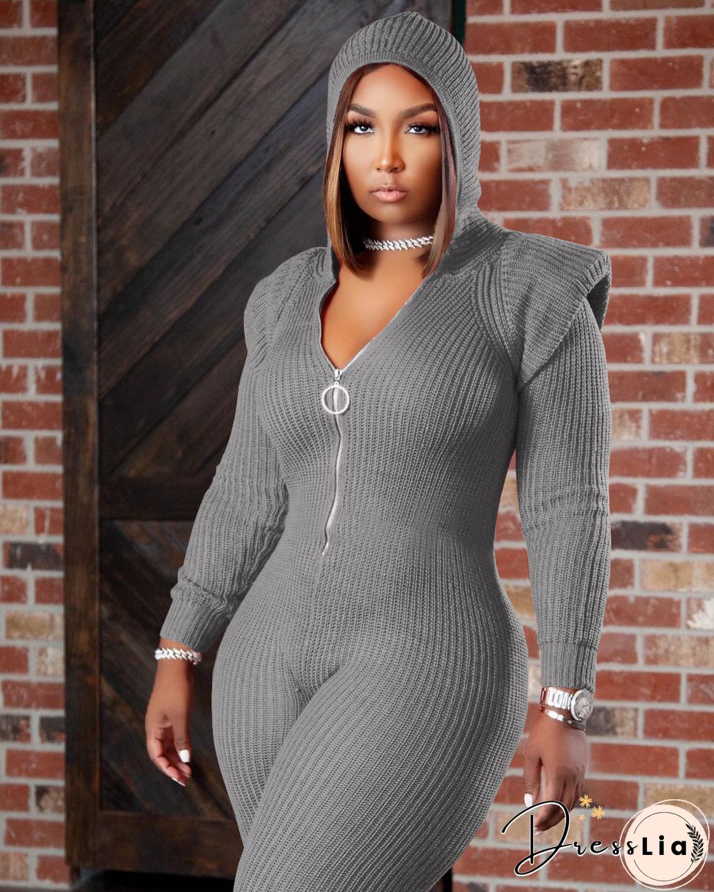 Knitted Long Sleeve Shoulder Padded Hooded Jumpsuit