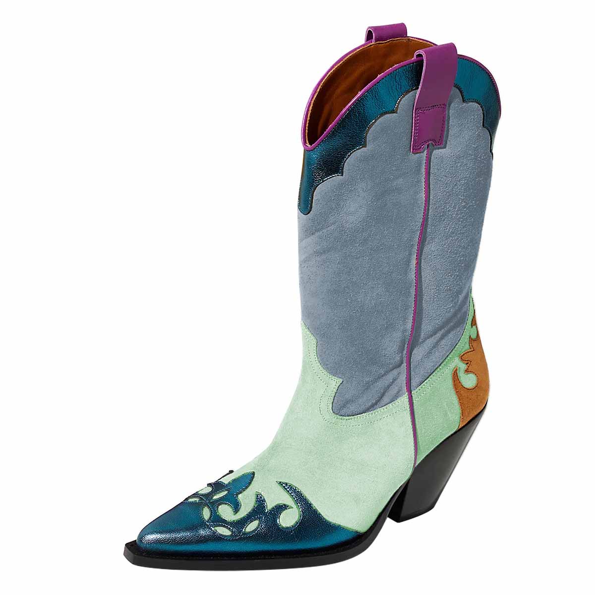 Blue & Green Pointy Toe Block Heel Mid-Calf Cowgirl Boots for Women Nicepairs