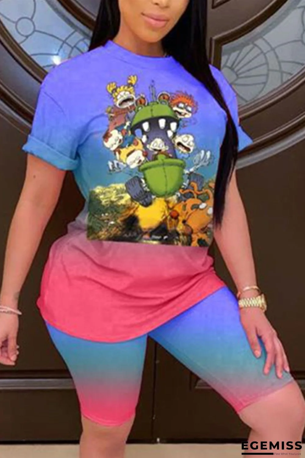 Blue Fashion Cartoon Printed T-shirt Gradient Color Set | EGEMISS