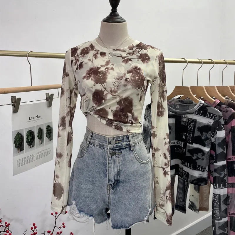 Churchf Real Shooting Front Double-Layer Tie-Dye Printing Mesh Long-Sleeved Top Short High-Waisted T-Shirt T-Shirt 8960