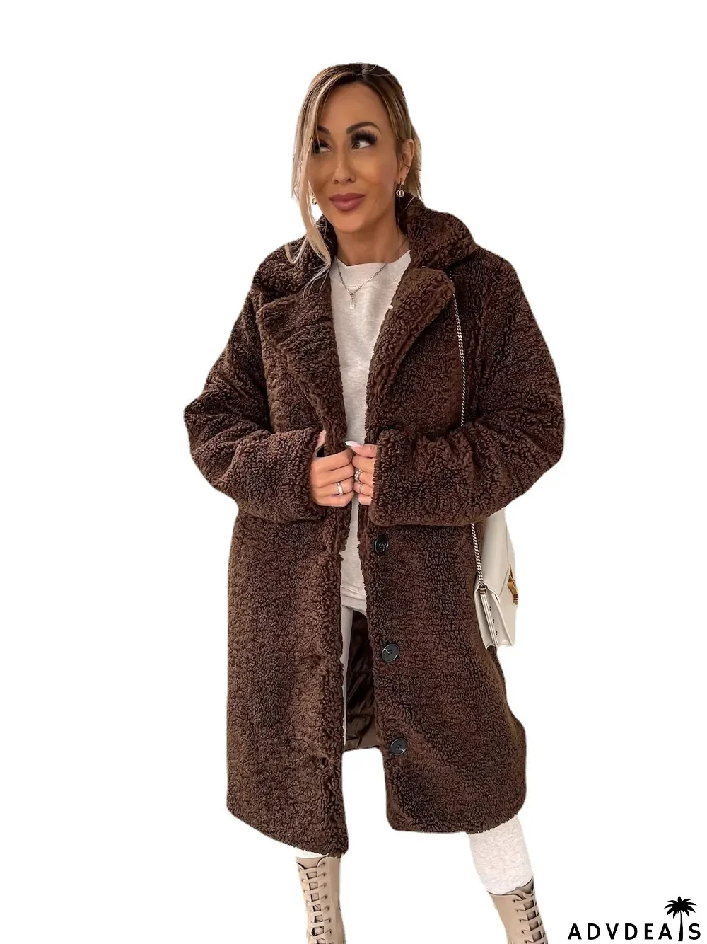 Autumn And Winter Women's Fleece Long-Sleeved Turndown Collar Women's Long Coat