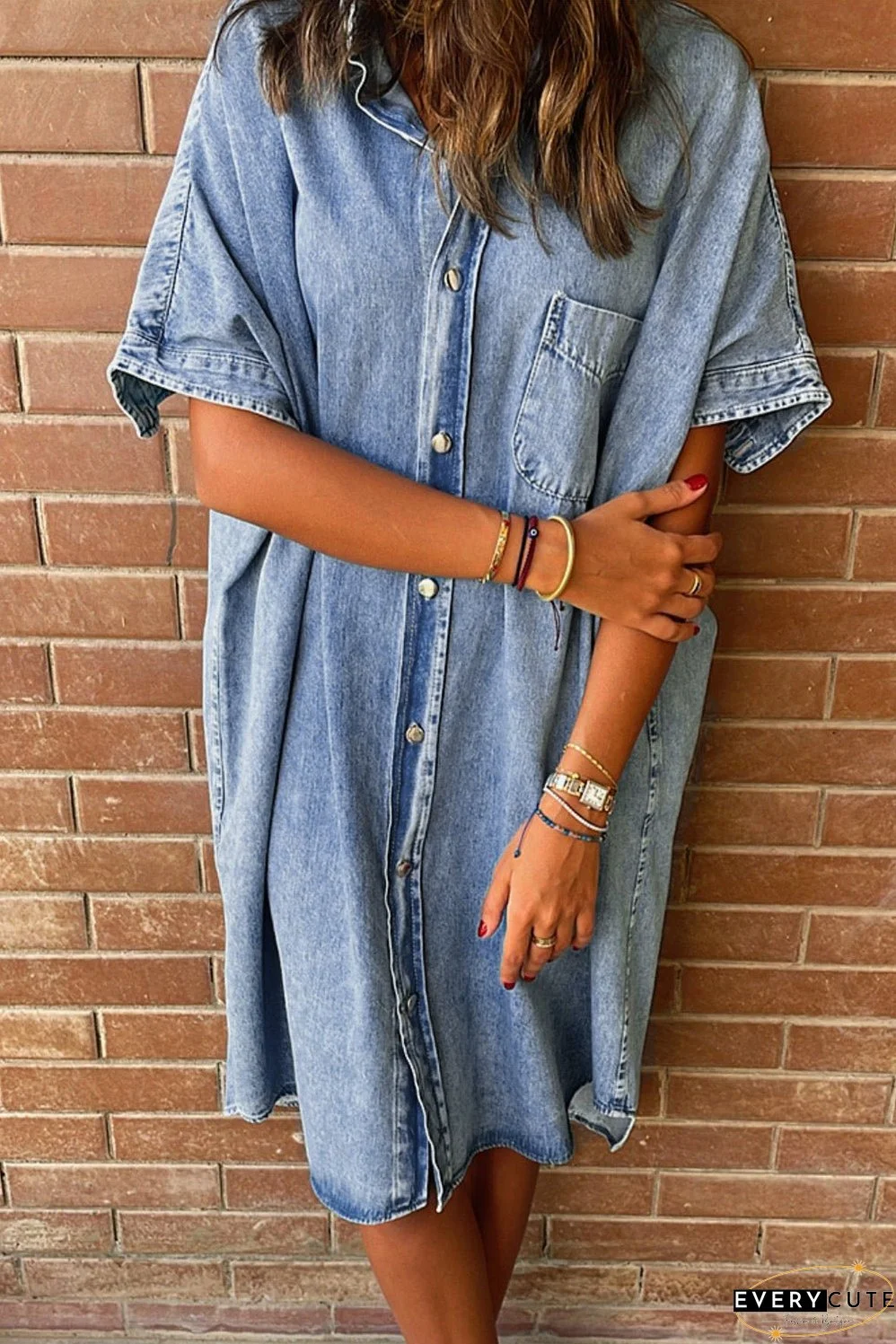 Denim Shirt Dress with Button Pockets