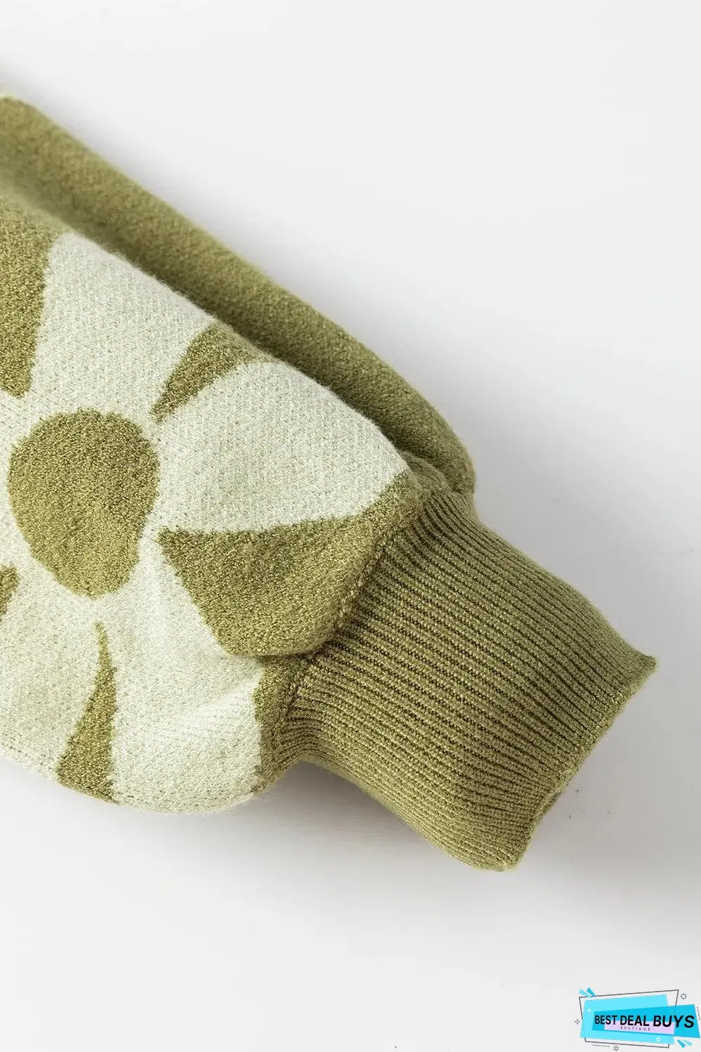Spinach Green Big Flower Knit Ribbed Trim Sweater