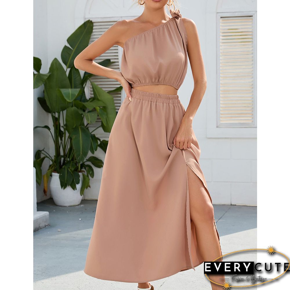 Khaki One-shoulder Crop with with Slit Maxi Skirt Set