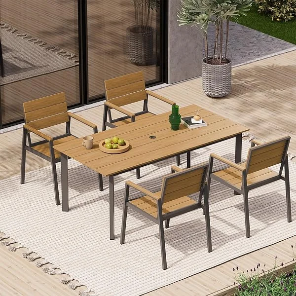 Outdoor Patio Dining Table Sets 7-Piece Aluminum and HDPS All-Weather Table and Chairs with Umbrella Hole, Patio Modern Furniture Sets for Garden, Backyard, Lawn, and Poolside, Gray & Teak 7 Piece Gray & Teak
