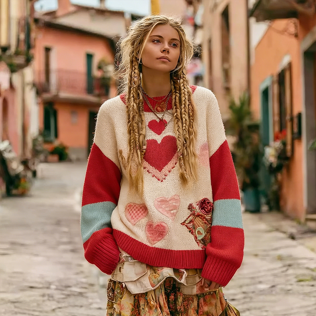 Women's Valentine's Day Heart And Floral Pattern Knitted Crew Neck Sweater wearshes