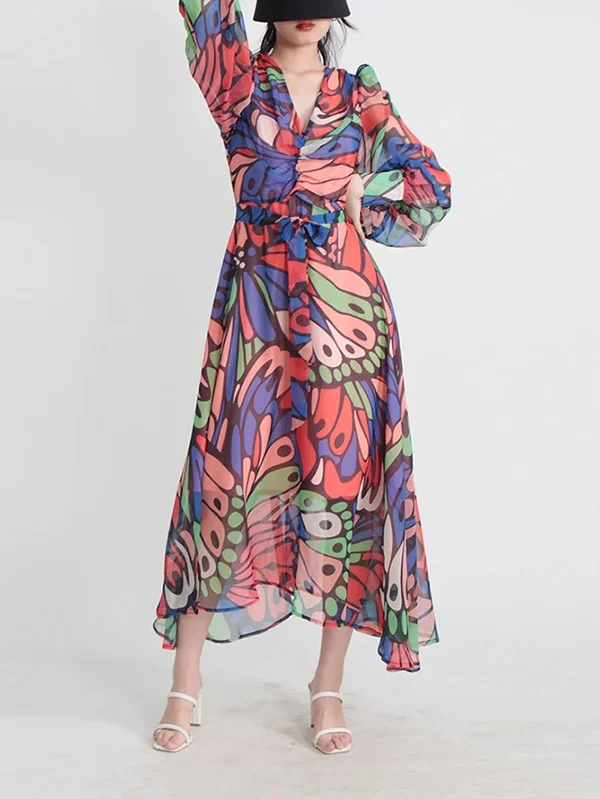 Split-Joint Printed Buttoned Puff Sleeves Loose V-Neck Midi Dresses