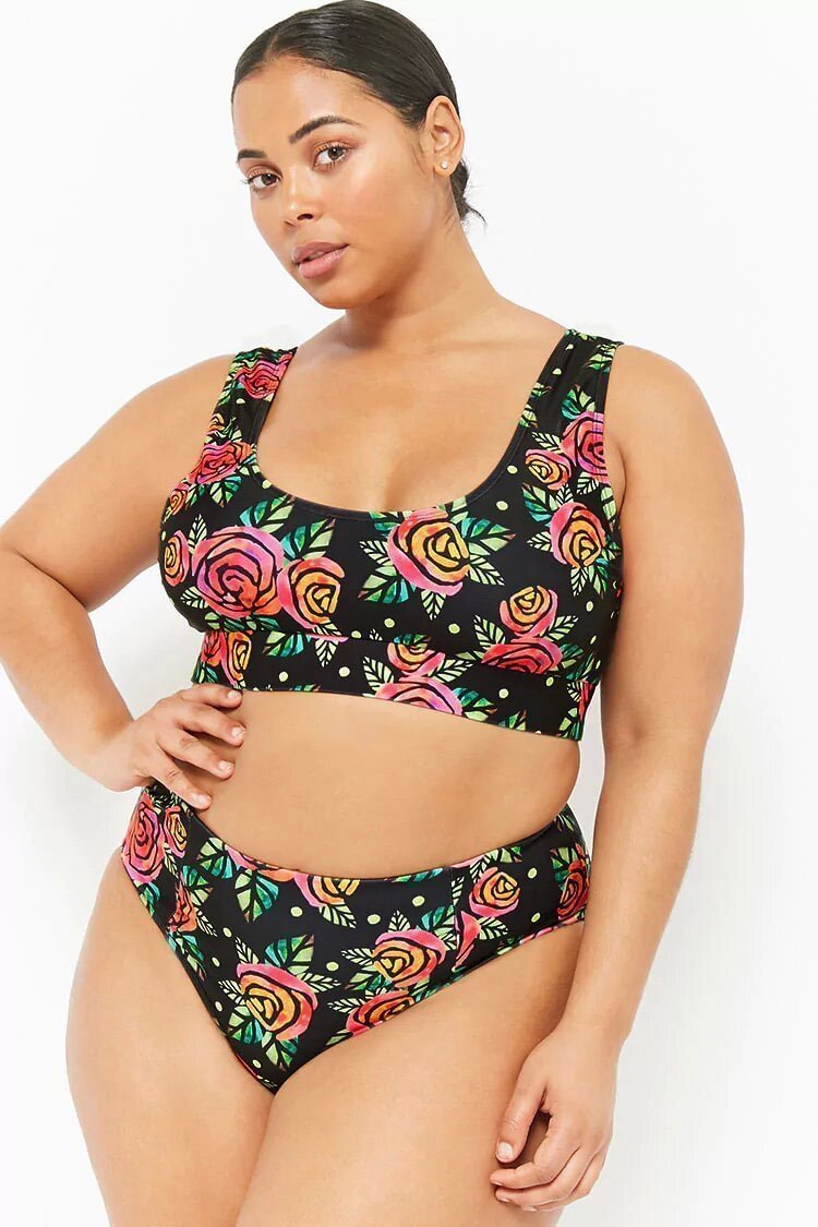 Plus Size Floral High Cut High Waist Tank Crop Bikini - Two Piece Swimsuit-elleschic