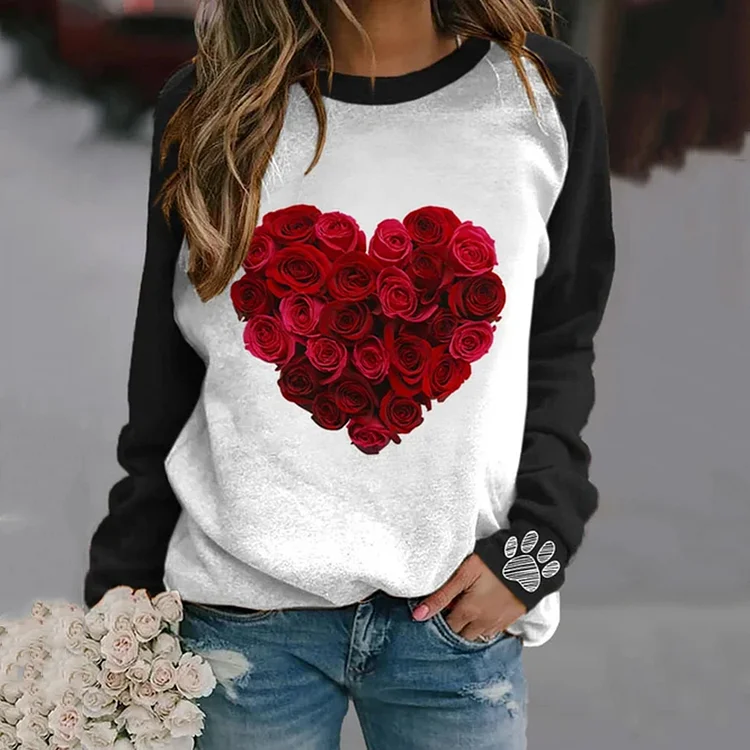 Comstylish Women'S Love Floral Dog Paw Print Crew Neck Pullover