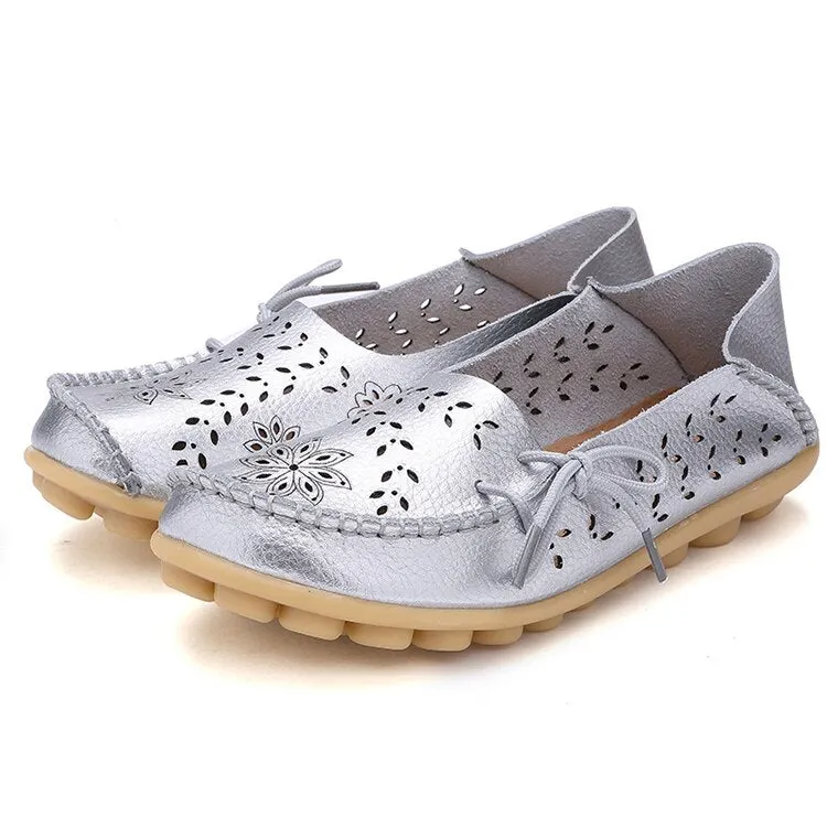 Female Ballet Flats Shoes Women Cut Out GenuineLeather Breathbale Moccains Women Shallow Shoes Solid Ballerina Ladies Shoes