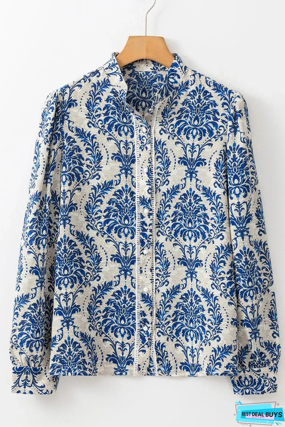 Sky Blue Bohemian Printed Bishop Sleeve Lace Shirt
