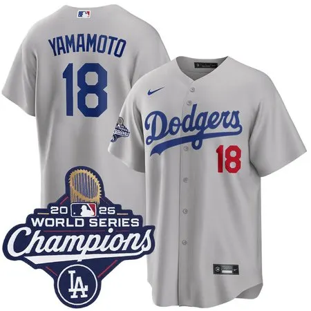 Men's Los Angeles Dodgers #18 Yoshinobu Yamamoto  Gray 2025 World Series Champions Home Limited Jersey