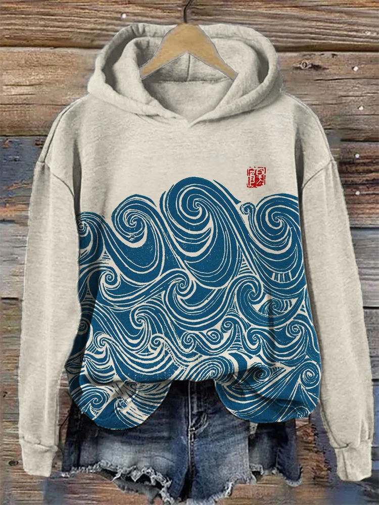 Sea Waves Japanese Lino Art Comfy Hoodie
