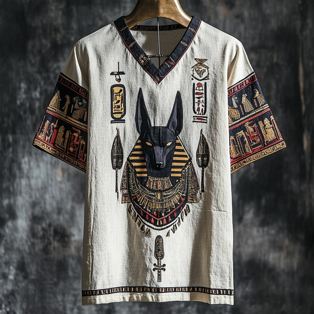 Vintage Egyptian Anubis Totem Men's Linen Short Sleeve Shirt