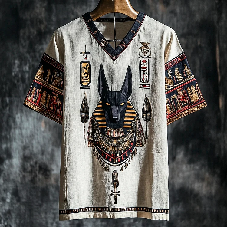 Vintage Egyptian Anubis Totem Men's Linen Short Sleeve Shirt