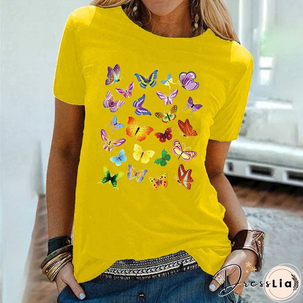 Colorful Butterfly Printed Female T Shirt Summer Fashion Short Sleeve Women T Shirts Round Neck Top Tees